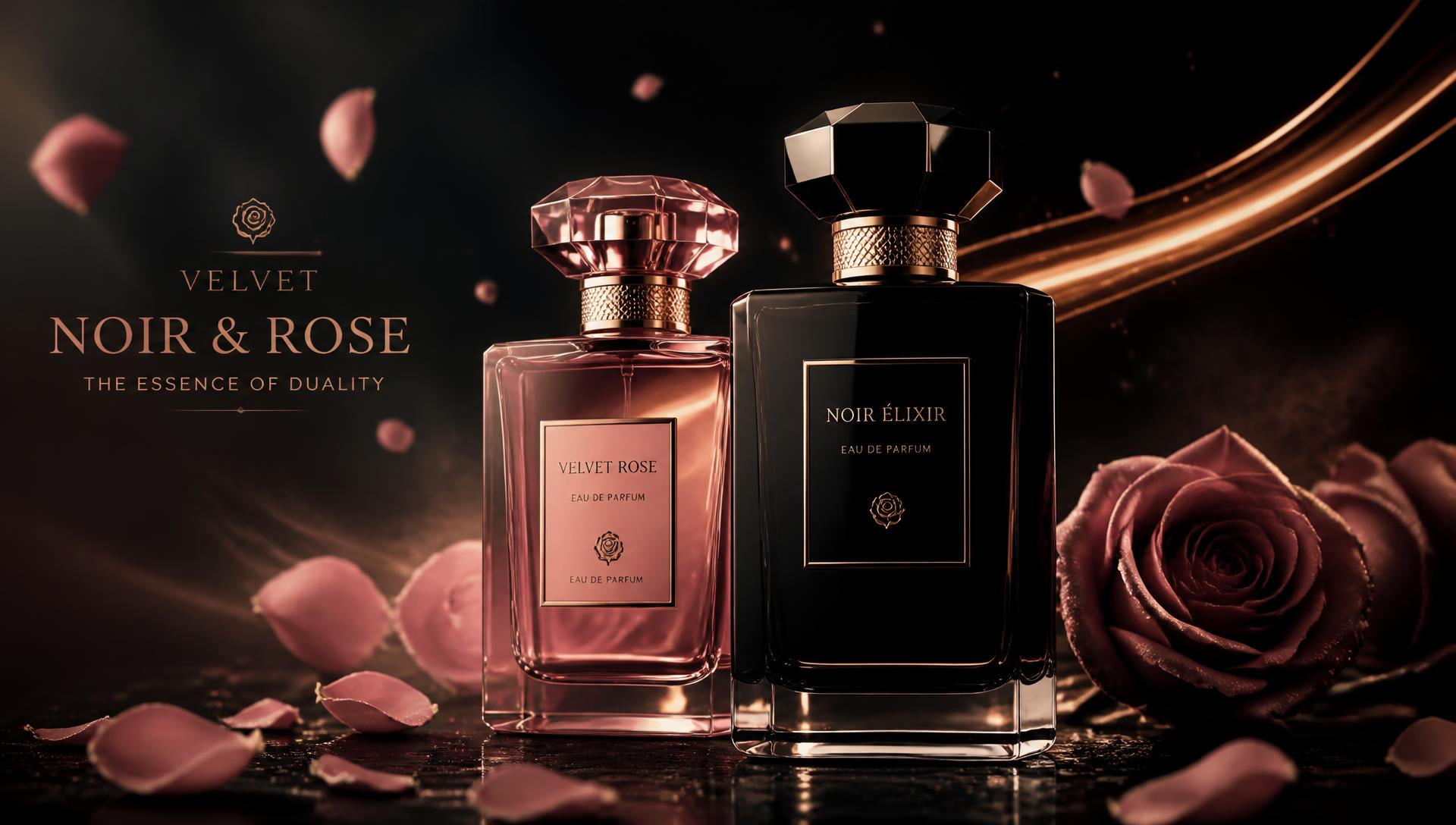 Rose Aura rose and noir perfume bottles surrounded by petals